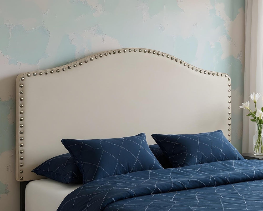 HomeRoots Beige Linen Blend Upholstered Arched Headboard with Nail Head Trim - Elegant Full Bed Accent Piece 490190
