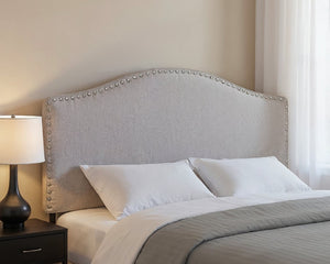 HomeRoots Gray Upholstered Arched Full Headboard with Nailhead Trim – Elegant Linen Blend Design for Any Decor 490191
