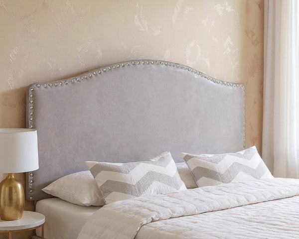 HomeRoots Gray Faux Leather Arched Queen Headboard with Nail Head Trim - Elegant, Adjustable & Chic Design! 490192