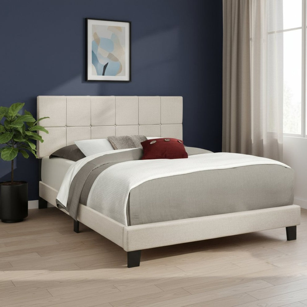 HomeRoots Beige Tufted Linen Queen Bed Frame - Stylish Upholstered Centerpiece with Durable Support & Comfort 490194