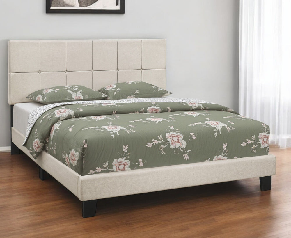 Homeroots Beige Tufted Linen Queen Bed Frame - Stylish Upholstered Design For A Cozy, Contemporary Bedroom Retreat  Foam,Laminate,Mdf,Particle Board,Solid Wood 490194