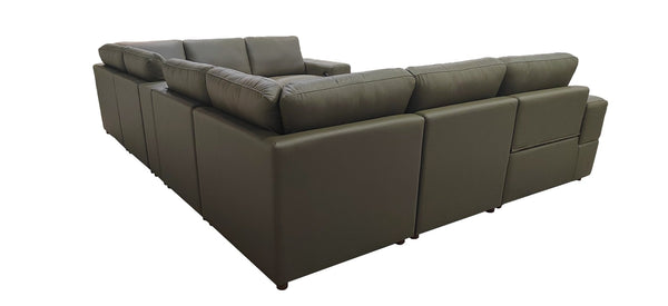 English Elm Premium Leather Match Sectional with Dual Recliners Console and Cup Holders Included Olive Green B2748S00161