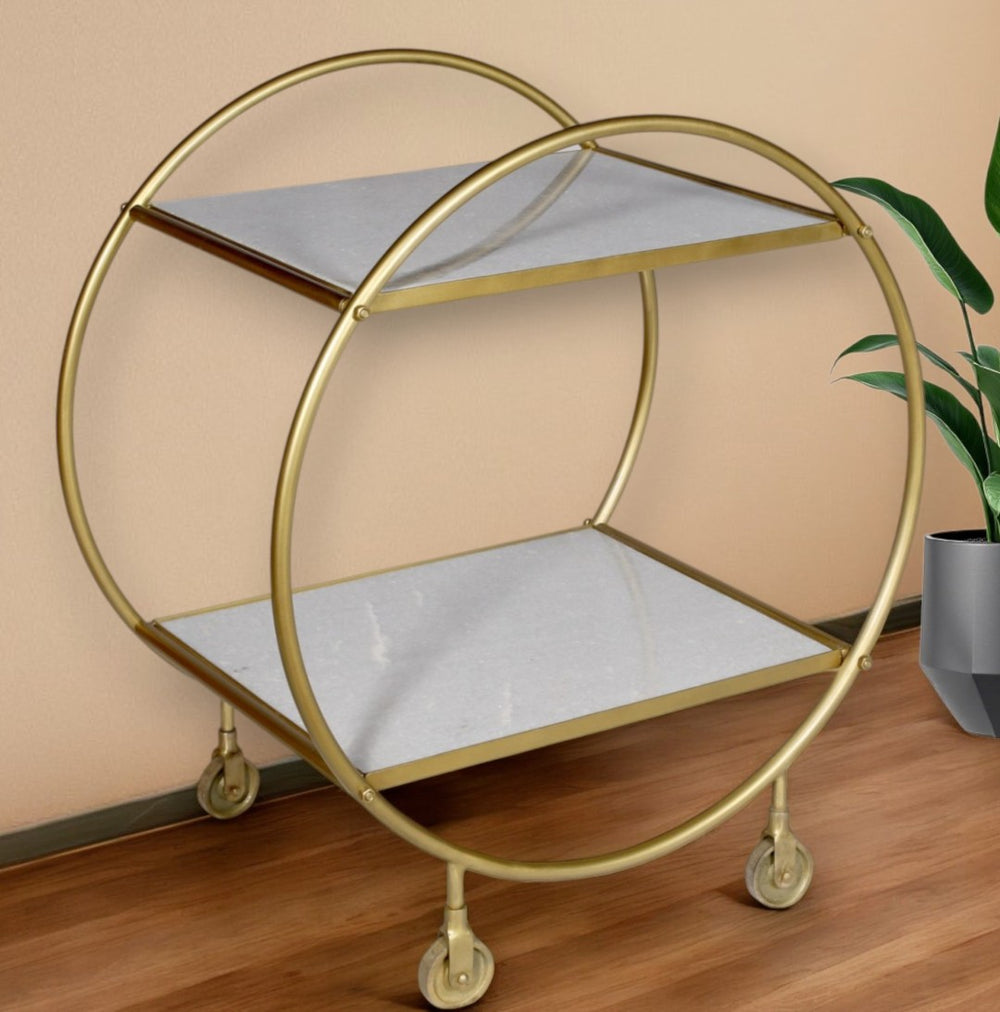 HomeRoots Gray Rolling Bar Cart with Gold Accents and Marble Shelves – Elegant, Mobile Storage for Entertaining 490201