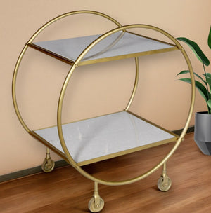 HomeRoots Gray Rolling Bar Cart with Gold Accents and Marble Shelves – Elegant, Mobile Storage for Entertaining 490201