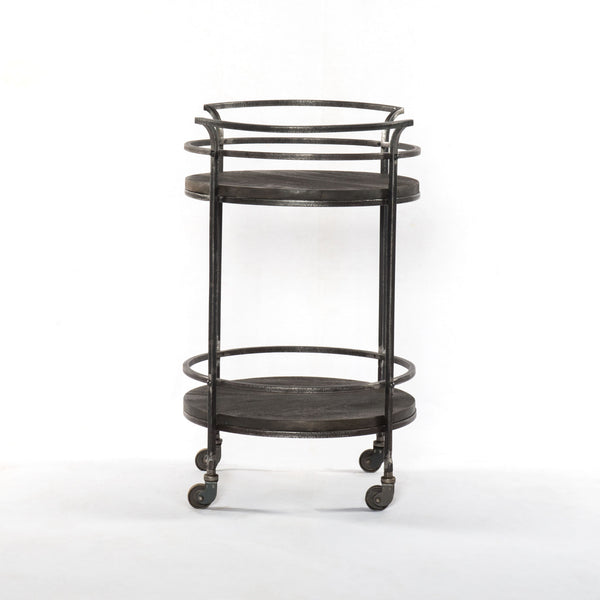 Homeroots Dark Gray Iron And Solid Wood Round Rolling Bar Cart   490202
