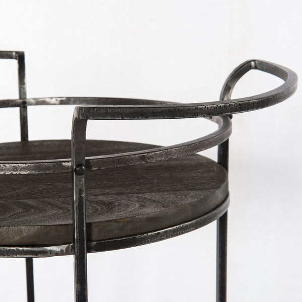 Homeroots Dark Gray Iron And Solid Wood Round Rolling Bar Cart   490202