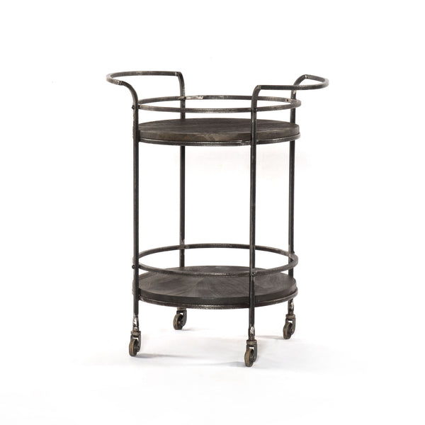 Homeroots Dark Gray Iron And Solid Wood Round Rolling Bar Cart   490202