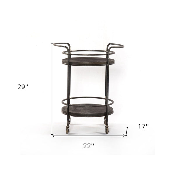 Homeroots Dark Gray Iron And Solid Wood Round Rolling Bar Cart   490202