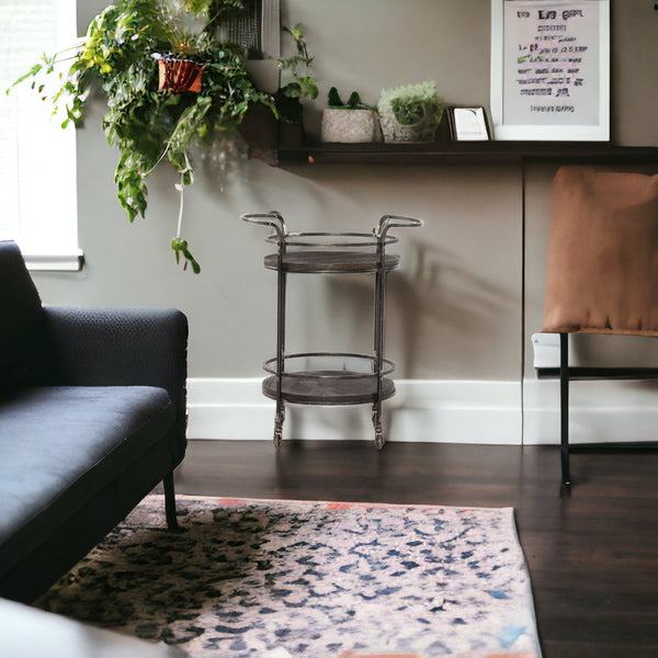 Homeroots Dark Gray Iron And Solid Wood Round Rolling Bar Cart   490202