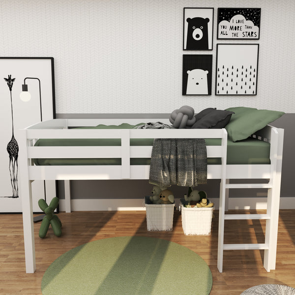 Homeroots White Solid Wood Full Double Size Low Loft Bed White Solid Wood 490209