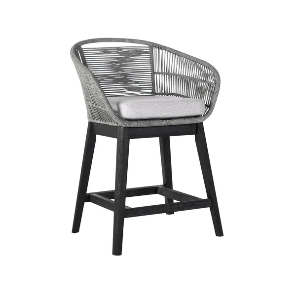 Homeroots 38" Light Gray Solid Wood Low Back Outdoor Bar Height Chair With Footrest  Eucalyptus,Rope 490214