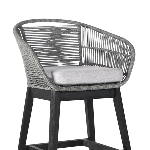 Homeroots 43" Light Gray Solid Wood Low Back Outdoor Bar Height Chair With Footrest  Eucalyptus,Rope 490215