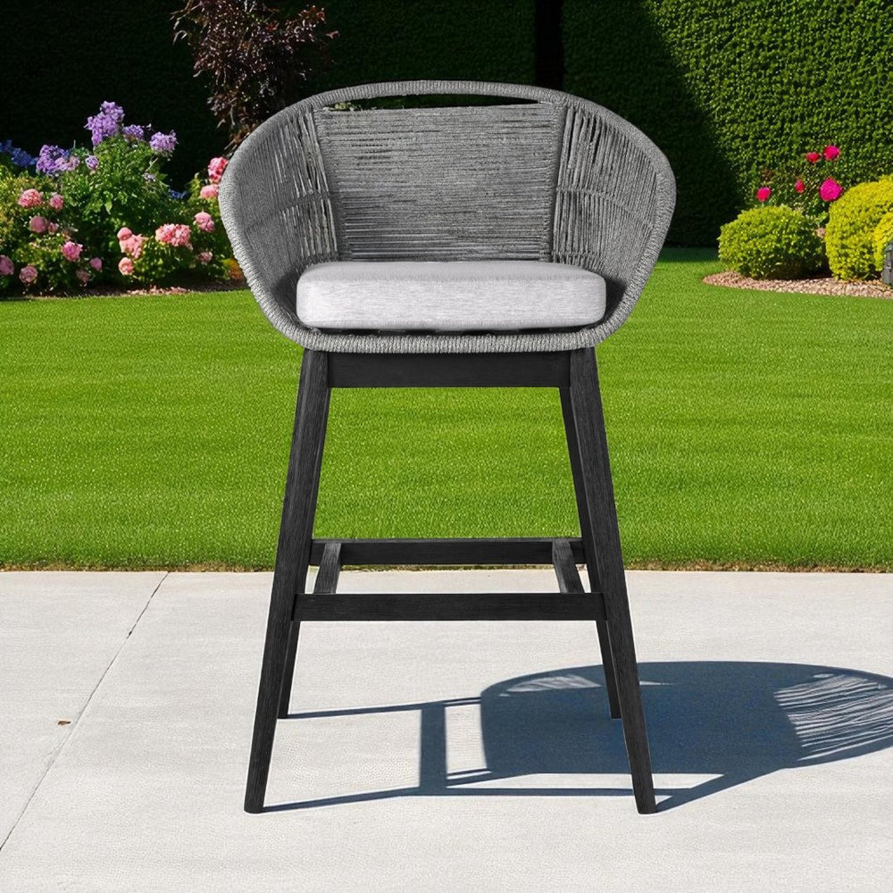 HomeRoots 43" Light Gray Eucalyptus Wood Bar Height Chair with Detachable Cushions for Outdoor Comfort 490215