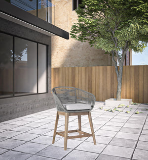 Homeroots 38" Light Gray Solid Wood Low Back Outdoor Bar Height Chair With Footrest  Eucalyptus,Rope 490216