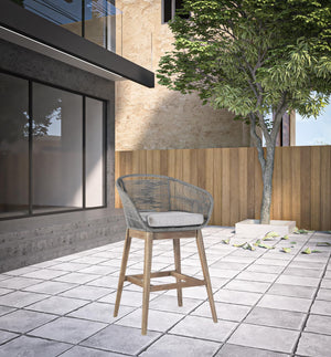 Homeroots 43" Gray Solid Wood Low Back Outdoor Bar Height Chair With Footrest  Eucalyptus,Rope 490217