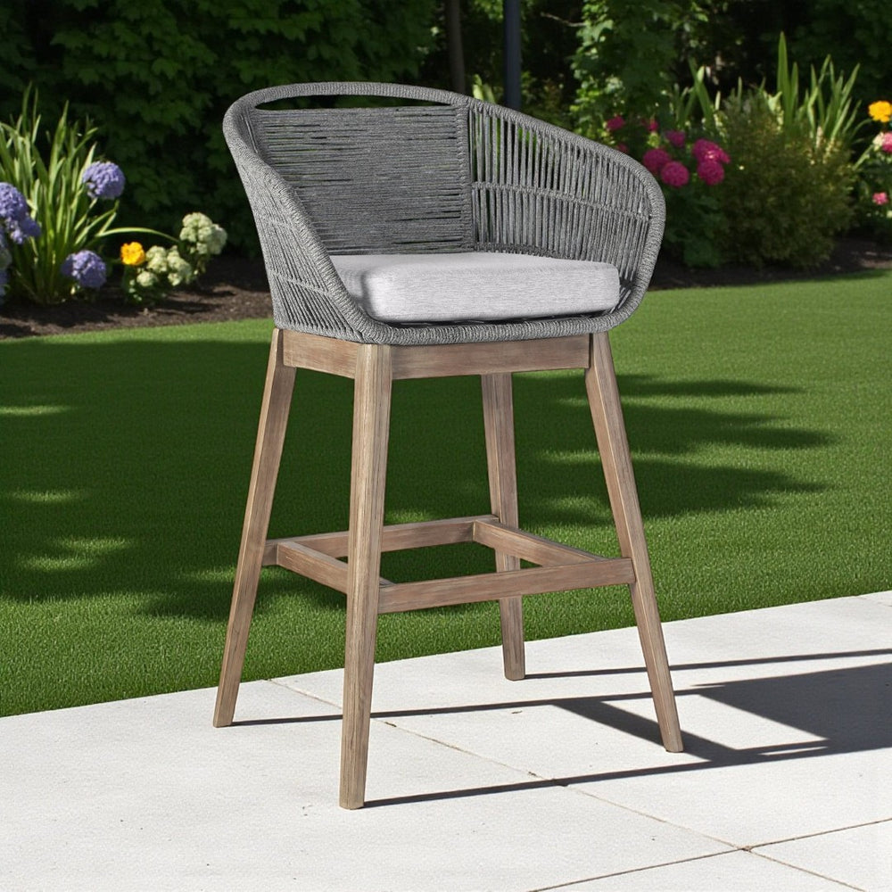 HomeRoots 43" Gray Solid Wood Bar Height Chair with Footrest - Stylish, Comfortable Outdoor Seating Solution! 490217