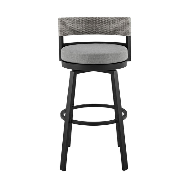 Homeroots 33" Light Gray Metal Swivel Low Back Outdoor Bar Height Chair With Footrest  Aluminum,Rattan,Fabric 490218