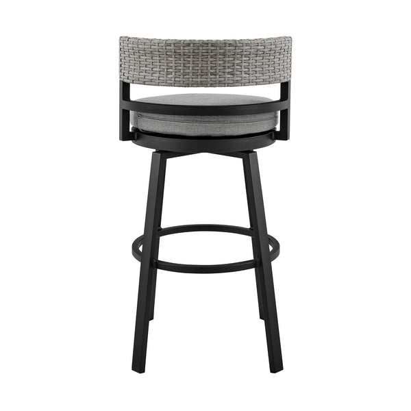 Homeroots 33" Light Gray Metal Swivel Low Back Outdoor Bar Height Chair With Footrest  Aluminum,Rattan,Fabric 490218