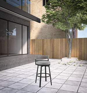 Homeroots 33" Light Gray Metal Swivel Low Back Outdoor Bar Height Chair With Footrest  Aluminum,Rattan,Fabric 490218