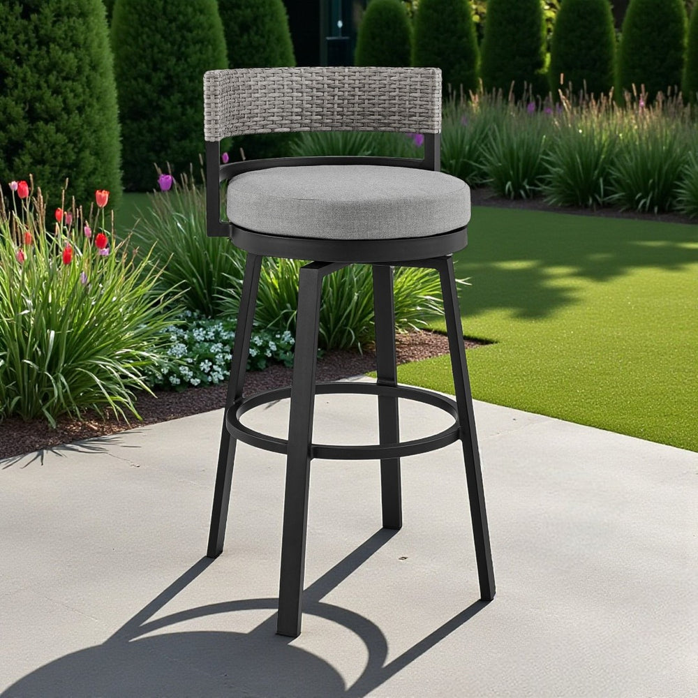 HomeRoots 33" Light Gray Metal Swivel Bar-Height Chair with Footrest - Modern Comfort for Outdoor Spaces 490218