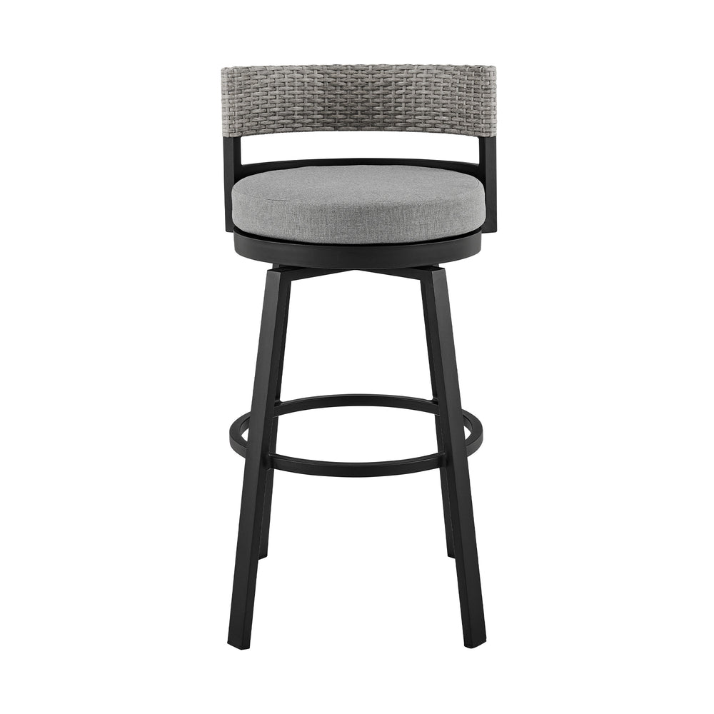 Homeroots 38" Light Gray Metal Swivel Low Back Outdoor Bar Height Chair With Footrest  Aluminum,Rattan,Fabric 490219