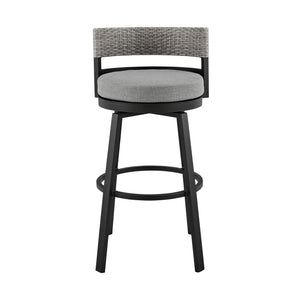 Homeroots 38" Light Gray Metal Swivel Low Back Outdoor Bar Height Chair With Footrest  Aluminum,Rattan,Fabric 490219