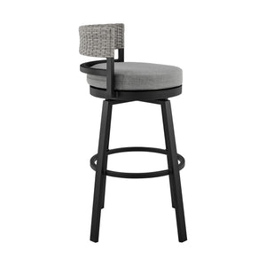 Homeroots 38" Light Gray Metal Swivel Low Back Outdoor Bar Height Chair With Footrest  Aluminum,Rattan,Fabric 490219