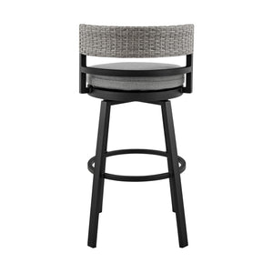 Homeroots 38" Light Gray Metal Swivel Low Back Outdoor Bar Height Chair With Footrest  Aluminum,Rattan,Fabric 490219