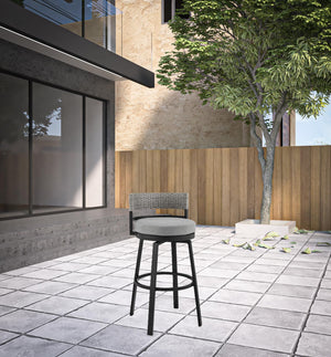 Homeroots 38" Light Gray Metal Swivel Low Back Outdoor Bar Height Chair With Footrest  Aluminum,Rattan,Fabric 490219