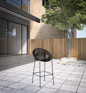 Homeroots 40" Black Metal Low Back Outdoor Counter Height Bar Chair With Footrest  Steel,Rope 490220