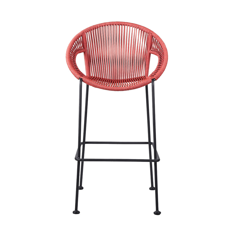Homeroots 40" Red Metal Low Back Outdoor Counter Height Bar Chair With Footrest  Steel,Rope 490221