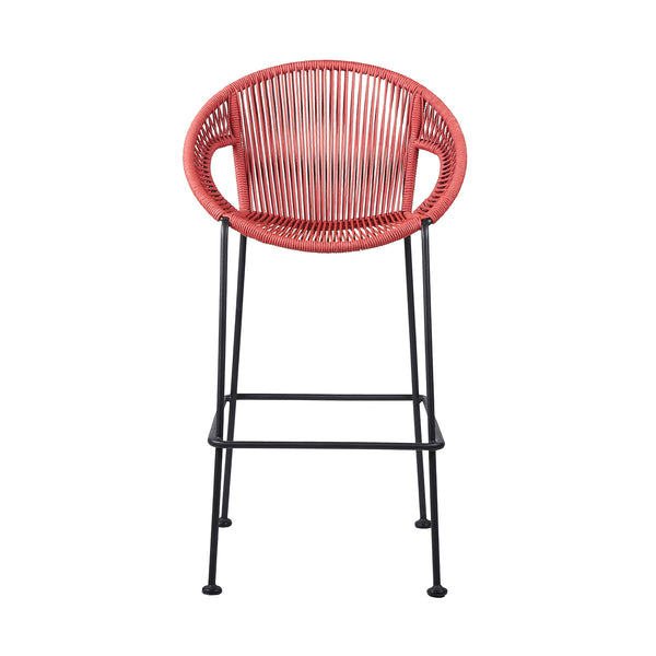 Homeroots 40" Red Metal Low Back Outdoor Counter Height Bar Chair With Footrest  Steel,Rope 490221