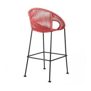 Homeroots 40" Red Metal Low Back Outdoor Counter Height Bar Chair With Footrest  Steel,Rope 490221