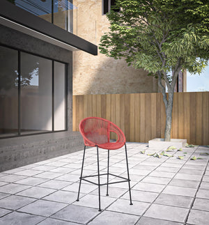 Homeroots 40" Red Metal Low Back Outdoor Counter Height Bar Chair With Footrest  Steel,Rope 490221