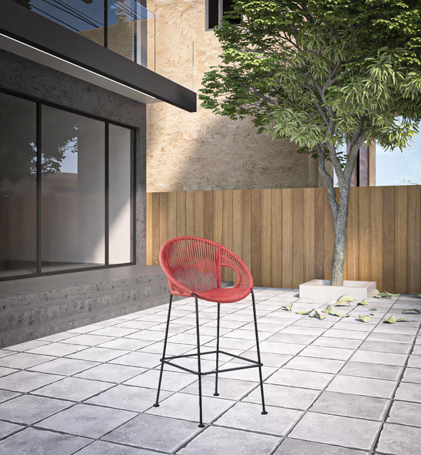 Homeroots 40" Red Metal Low Back Outdoor Counter Height Bar Chair With Footrest  Steel,Rope 490221