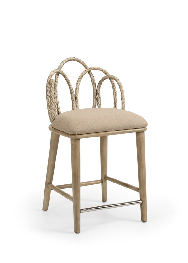 Wildwood Zoe Light Taupe Rattan Counter Stool With Padded Seat, Woven Interlocking Curves & Nickel Kickbar 490223