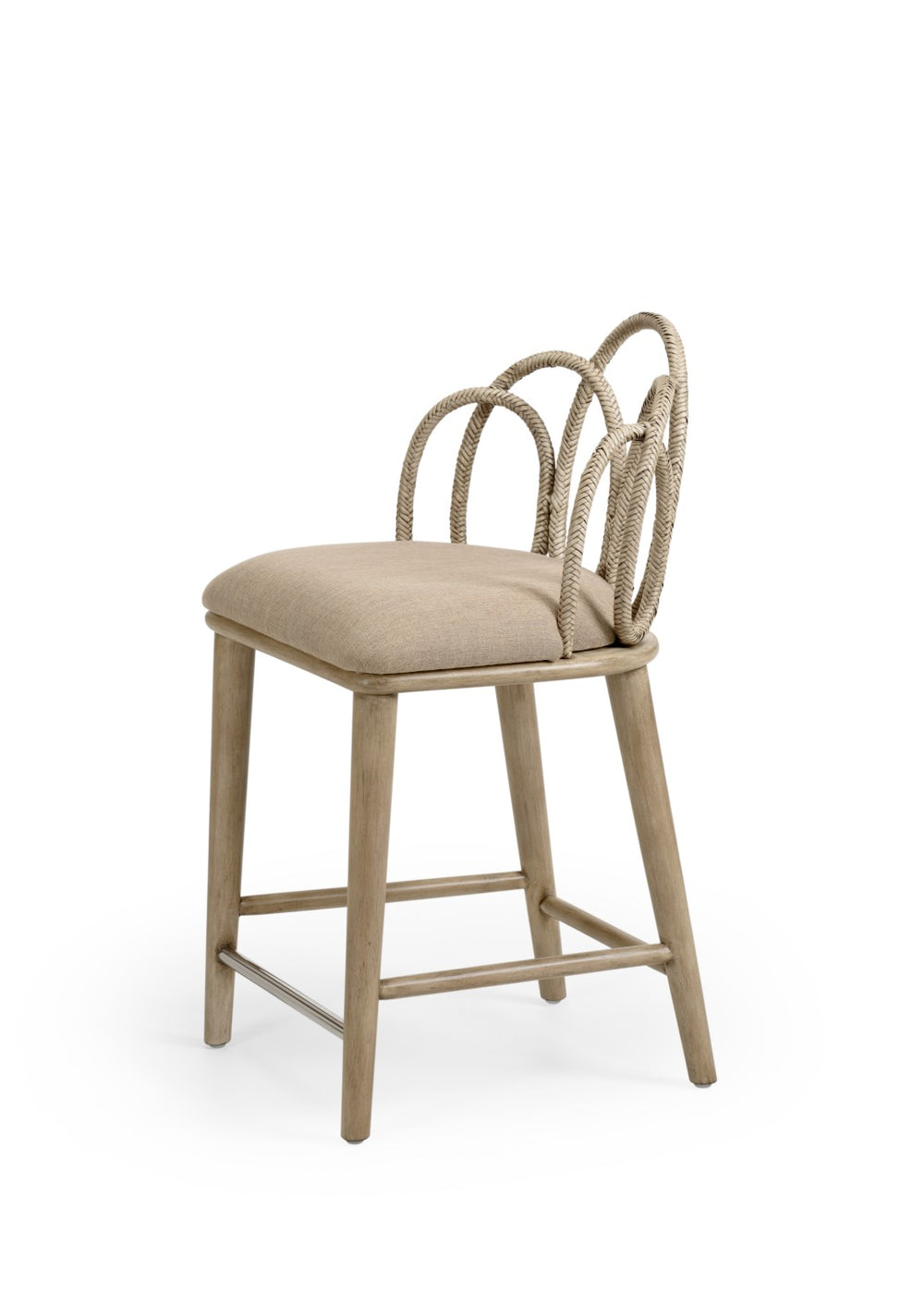 Wildwood Zoe Light Taupe Rattan Counter Stool With Padded Seat, Woven Interlocking Curves & Nickel Kickbar 490223