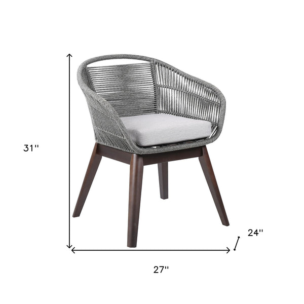 Homeroots 27" Gray Solid Wood Outdoor Dining Chair With Gray Cushion  Eucalyptus,Rope 490224