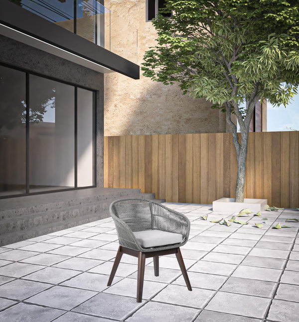 Homeroots 27" Gray Solid Wood Outdoor Dining Chair With Gray Cushion  Eucalyptus,Rope 490224