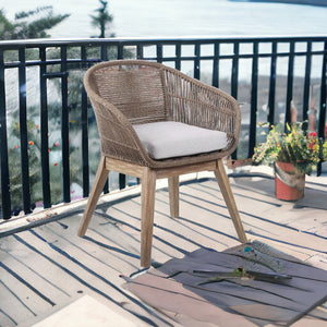 Homeroots 27" Gray And Natural Wood Solid Wood Outdoor Dining Chair With Gray Cushion  Eucalyptus,Rope 490225