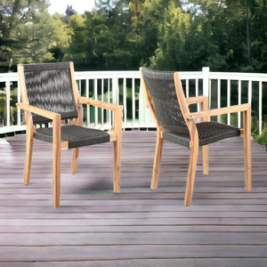 Homeroots Set Of Two 23" Charcoal And Natural Wood Solid Wood Outdoor Arm Chair  Eucalyptus Solid Wood,Rope 490232