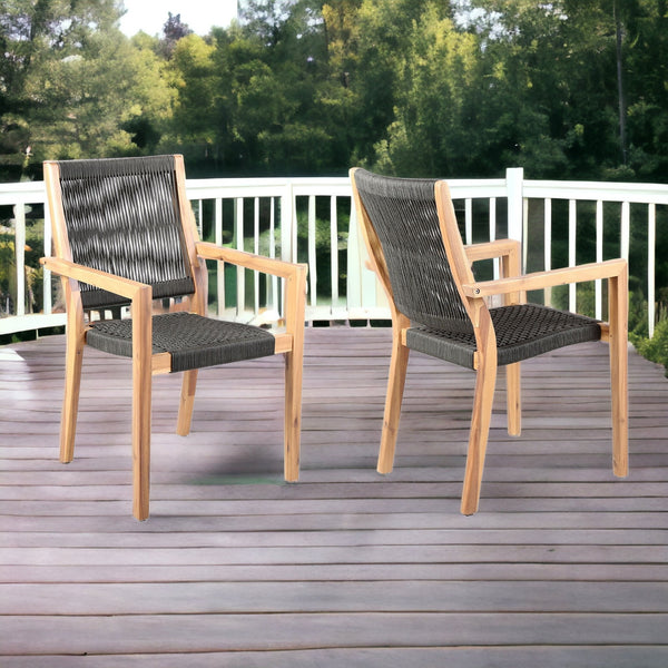 Homeroots Set Of Two 23" Charcoal And Natural Wood Solid Wood Outdoor Arm Chair  Eucalyptus Solid Wood,Rope 490232