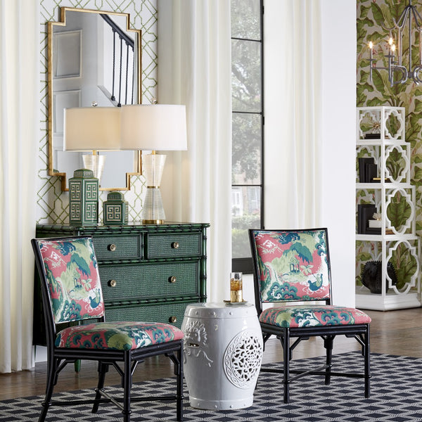 Wildwood Borneo Emerald Chest With Woven Caning Fronts, Bamboo Motif & Antique Brass Hardware — Statement Storage 490282