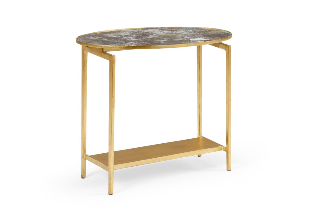 Wildwood Rockefeller Acid-Washed Mirror Accent Table With Antique Gold Leaf Iron Base — Vintage Glam Compact 490293