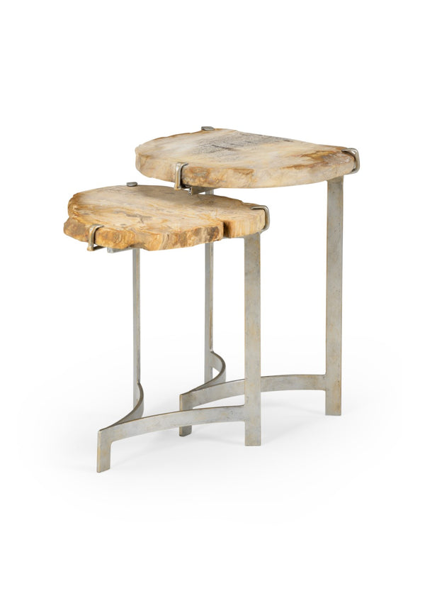 Wildwood Bedrock Petrified Wood Nested Tables Set — Antique Silver Leaf Bases, Rustic-Modern Accent Pair, Versatile Styling 490306