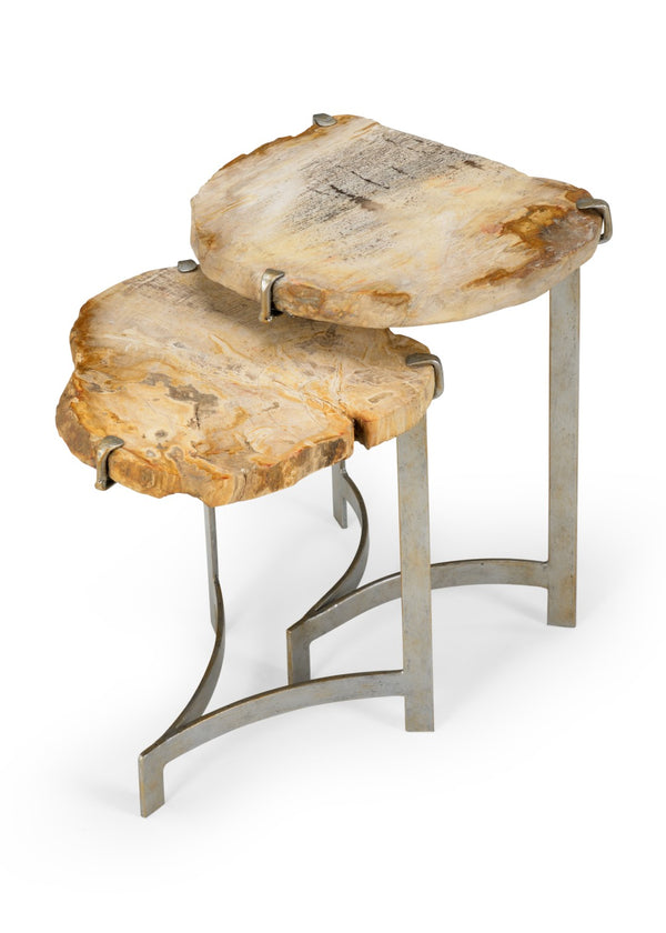 Wildwood Bedrock Petrified Wood Nested Tables Set — Antique Silver Leaf Bases, Rustic-Modern Accent Pair, Versatile Styling 490306