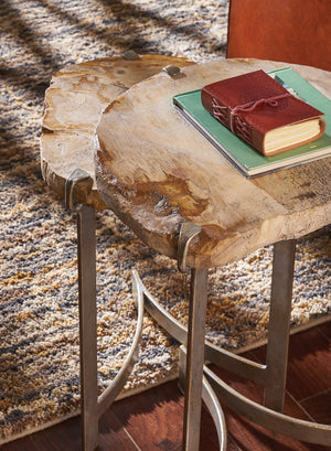 Wildwood Bedrock Petrified Wood Nested Tables Set — Antique Silver Leaf Bases, Rustic-Modern Accent Pair, Versatile Styling 490306