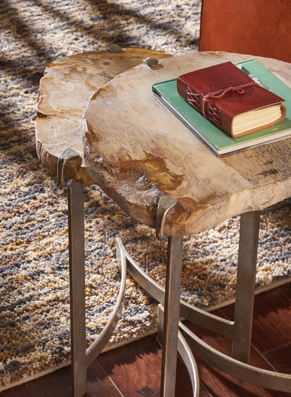 Wildwood Bedrock Petrified Wood Nested Tables Set — Antique Silver Leaf Bases, Rustic-Modern Accent Pair, Versatile Styling 490306