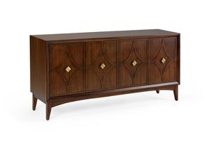 Wildwood Diamond Mid‑Century Walnut Sideboard With Brass Accents, 72" Wide Diamond‑Motif Buffet For Stylish Storage 490309