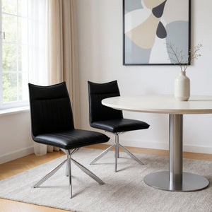 HomeRoots Set of Two Stylish Tufted Black Faux Leather Dining Chairs with Sleek Silver Metal Legs 490312